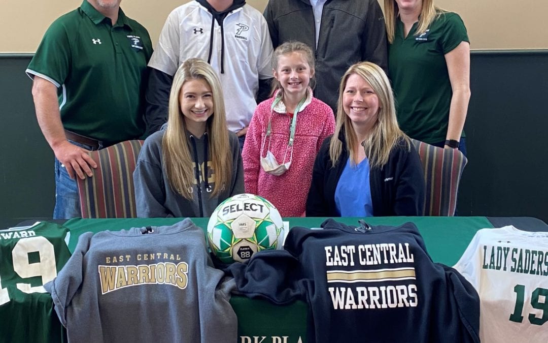 Park Place Christian Academy senior Parker Howard recently signed a Letter of Intent to play soccer for East Central Community College this fall. Parker is shown seated next to her younger sister Baker, and their mother, Beth Howard. Standing behind them, left to right is PPCA soccer coach Dewayne Hammons, Parker’s younger brother Cooper and their father, Josh Howard, and PPCA soccer coach Morgan Whitaker.