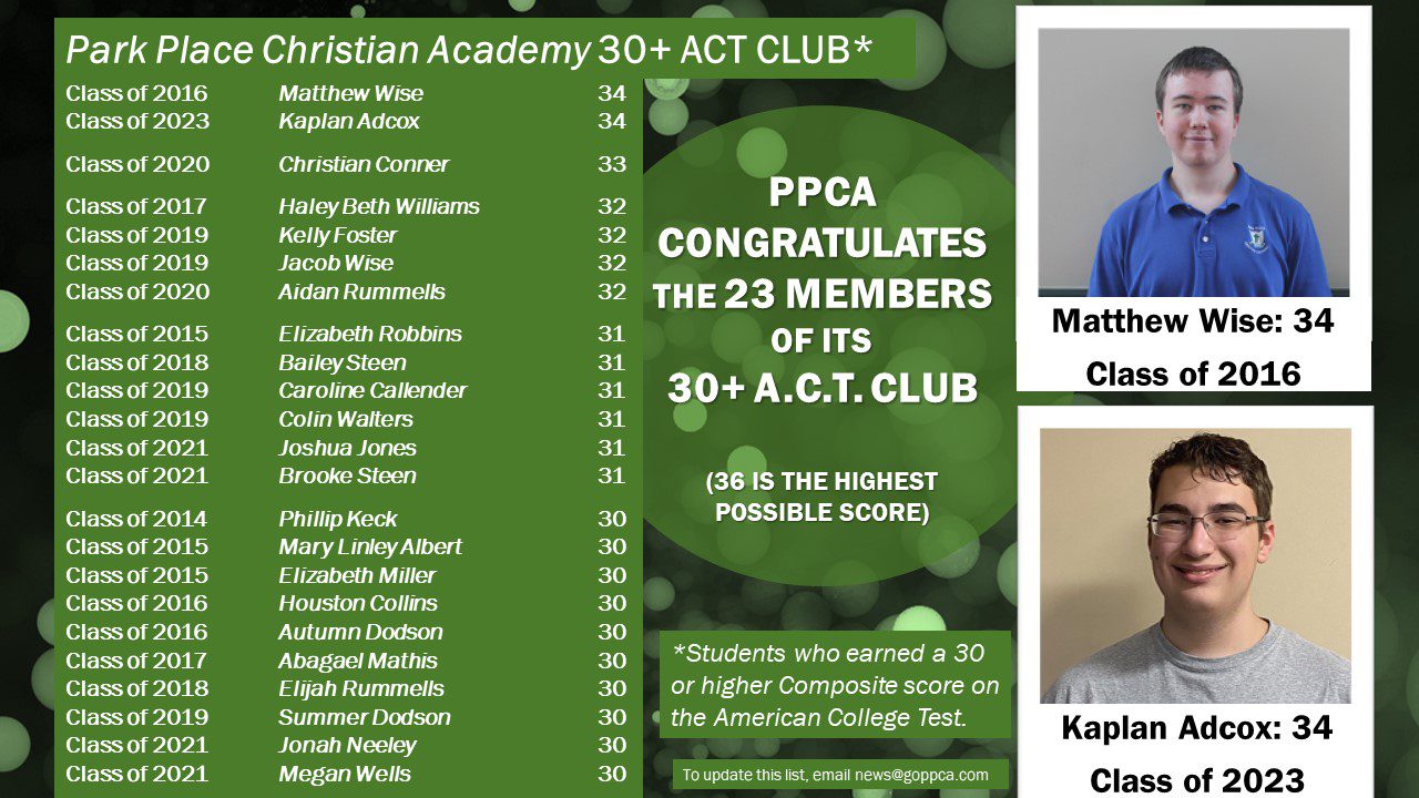 Adcox is latest member of PPCA's ACT 30+ Club - Park Place Christian ...